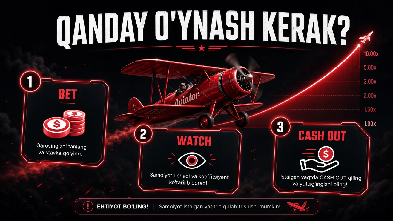 Aviator o'yini interfeysi — barcha funksiyalar va tugmalar ko'rsatilgan